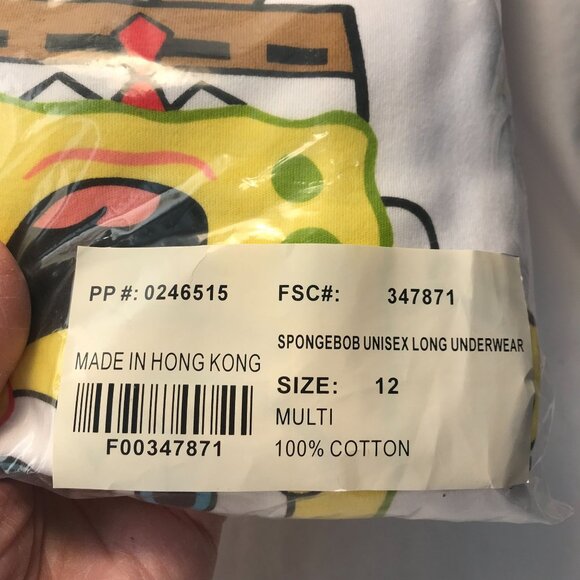Spongebob Unisex Long Underwear Size 12 100% Cotton Multi-Made In Hong Kong - Picture 3 of 3